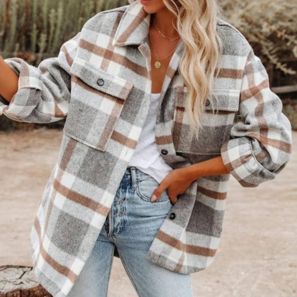 Women's Plaid Button Flannel Shirt Jacket  Gray